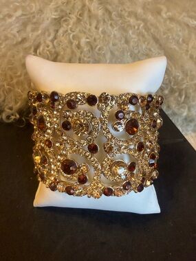 Gold-Tone Cuff Bracelet with Amber and Clear Crystals